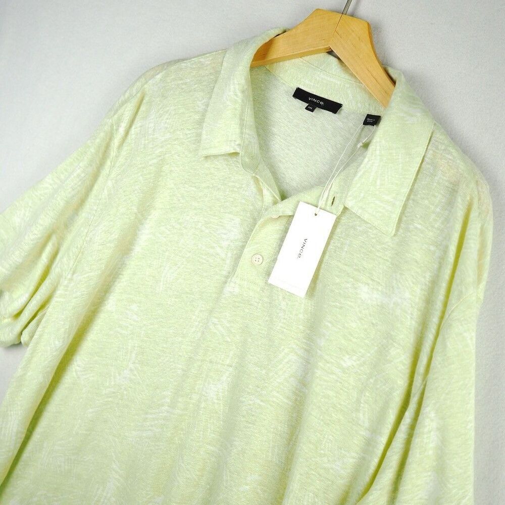 NEW Vince Palm Print Tropical 100% Linen Short Sleeve Polo Shirt Mens XXL Green